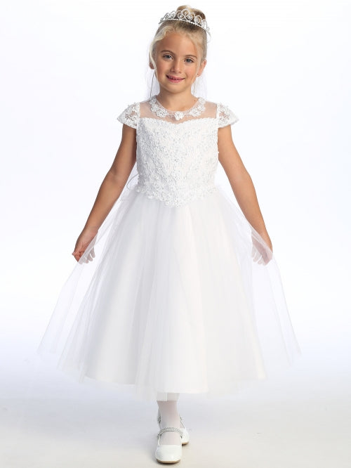 Girls Illusion Neckline Pearl Sequin Corded Embroidered Tulle Communion Dress 6-12